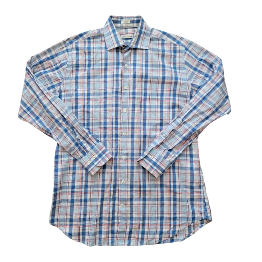 Peter Millar Blue Plaid Button‎ Down Shirt L